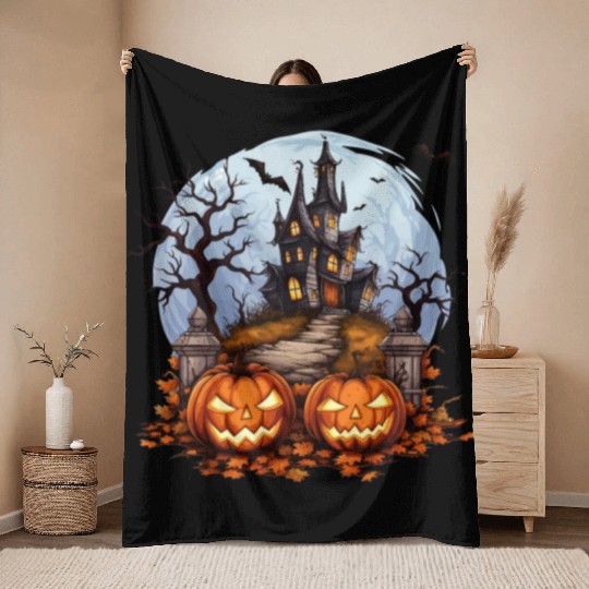 Spooky Haunted House Halloween Pumpkin Bat Throw Blankets