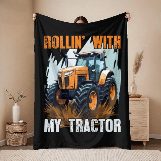 Rollin' With My Tractor Farmer Gift Agriculture Throw Blankets