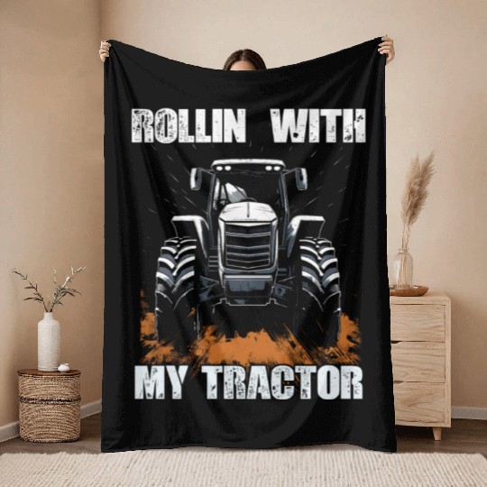 Rollin' With My Tractor Farmer Gift Agriculture Throw Blankets