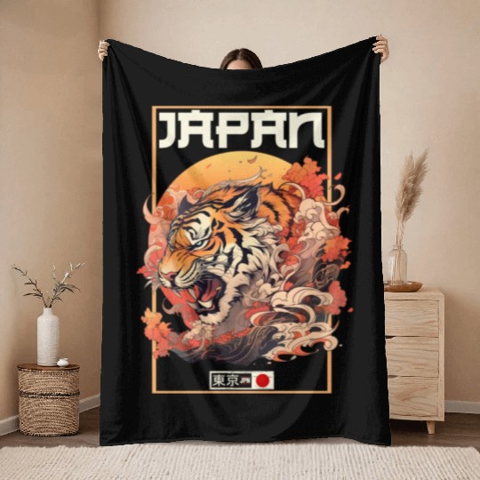 Tokyo Asia 80s Japanese Retro Tiger Throw Blankets