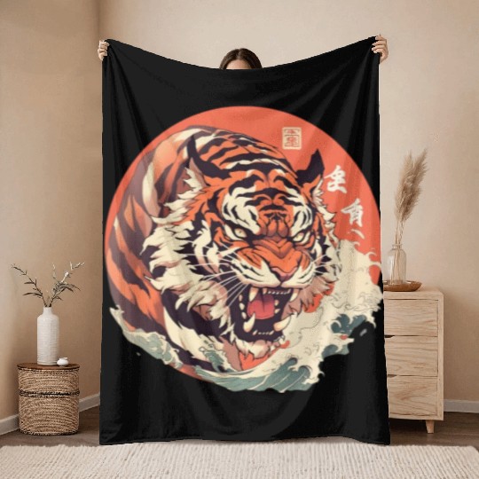 Tokyo Asia 80s Japanese Retro Tiger Throw Blankets