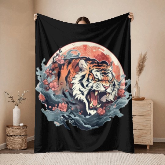 Tokyo Asia 80s Japanese Retro Tiger Throw Blankets