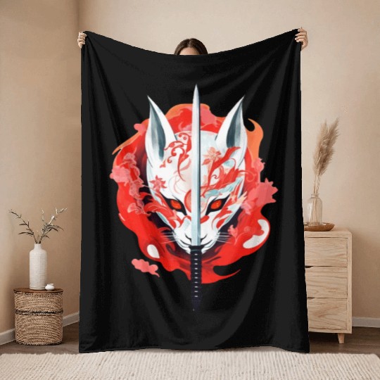 Fox Maske Kitsune Japan Anime Kumiho Samurai Throw Blankets