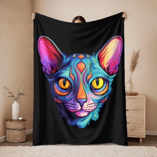 Sphynx Cat kitty Psychedelic Vibrant Colors Throw Blankets