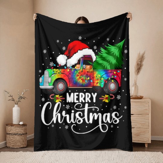 Merry Christmas Truck Tree Santa Hat Lights Throw Blankets