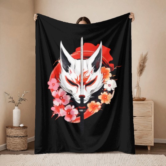 Kitsune Fox Maske Kumiho Samurai Japan Anime Throw Blankets