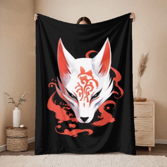 Anime Fox Maske Kitsune Kumiho Samurai Japan Throw Blankets