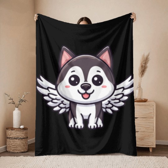 Angel Husky, Winged Comic, Heavenly Dog Throw Blankets