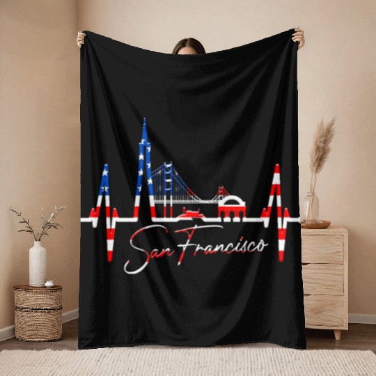San Francisco Skyline Heartbeat California Lover Throw Blankets