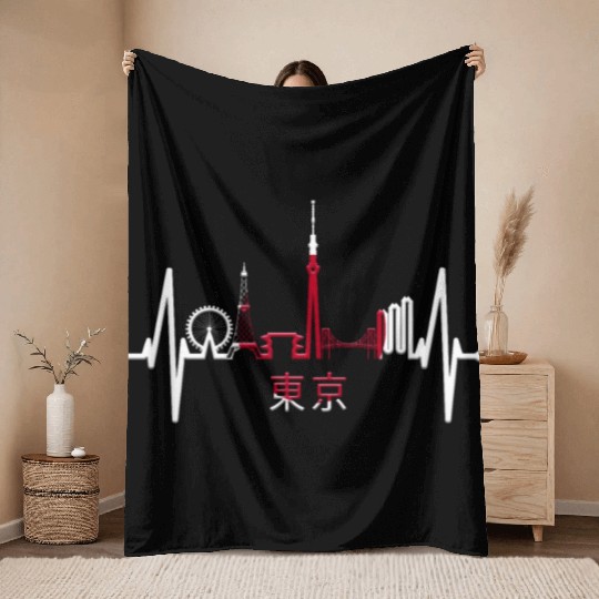 Tokyo Skyline Heartbeat Japanese Heart Love Tokyo Throw Blankets