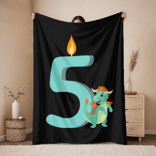5 Year Old - Dragon Birthday Candle - Kids Gifts Throw Blankets