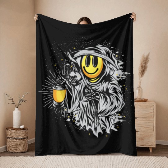 Smiley reaper | scary lantern halloween fun Throw Blankets