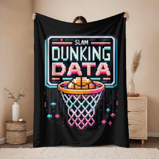 Slam Dunking Data - Retro 8-bit Basketball Hoop Throw Blankets