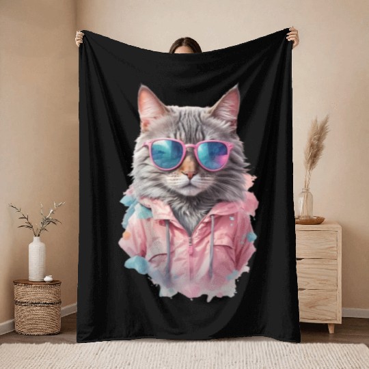 Modern Chic Cat In Pink Pastel Color Throw Blankets