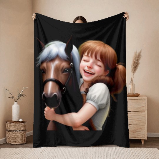Little Girl Hugs Her Pony Throw Blankets