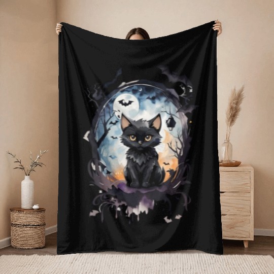 "Bat-Kissed Kitten" Throw Blankets