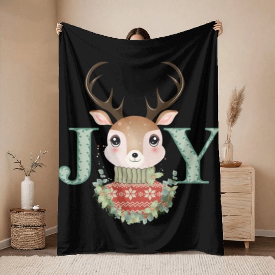 cute deer with sweater and Christmas wreath Throw Blankets