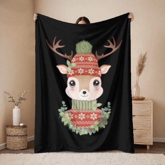 cute deer with sweater and Christmas wreath Throw Blankets