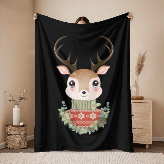 cute deer with sweater and Christmas wreath Throw Blankets