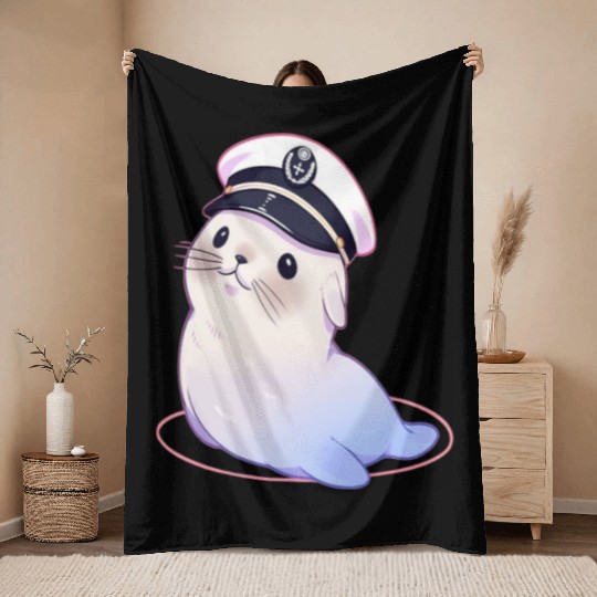 Seal Sailor Cap Boat Captain Cap Boating Seal Throw Blankets
