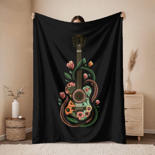 Melodic Blossoms: Floral Wrapped Guitar Throw Blankets