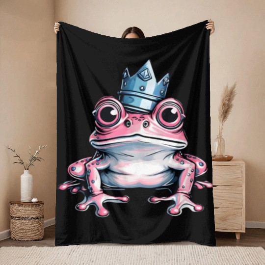 Cute pink frog with crown Throw Blankets