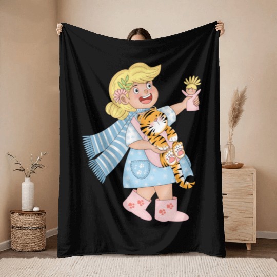 Happy Girl Carrying Tiger Cub Like A Baby Throw Blankets