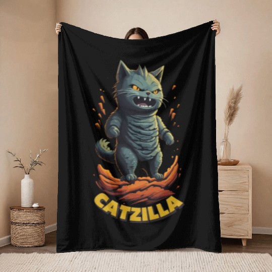 Catzilla Throw Blankets