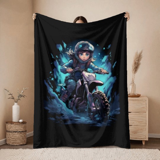 Dirt Bike Anime Girl Ice Racing Motorcycle Ice Throw Blankets