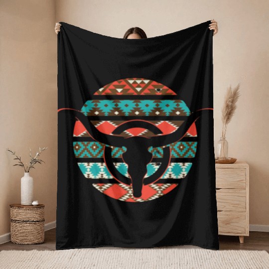 Retro Cow Skull Throw Blankets