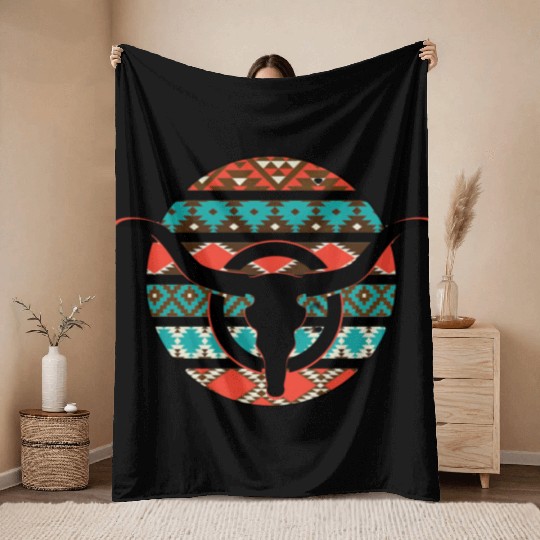 Retro Cow Skull Throw Blankets