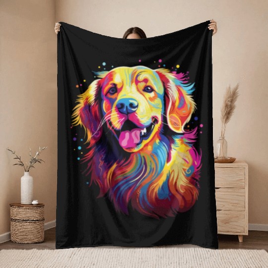 Watercolor Colorful Golden Retriever Throw Blankets