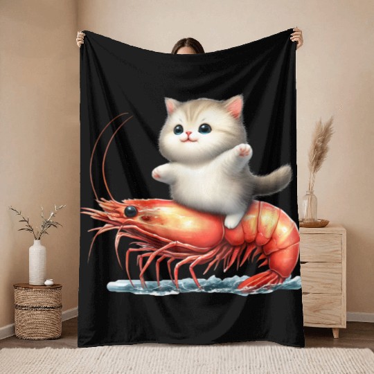Cat rides on shrimp Throw Blankets