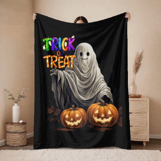 Adorable Trick or Treat Kid Ghosts With Pumpkin Throw Blankets