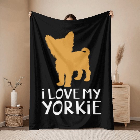Yorkshire Terrier Dog Silhouette I Love My Yorkie Throw Blankets