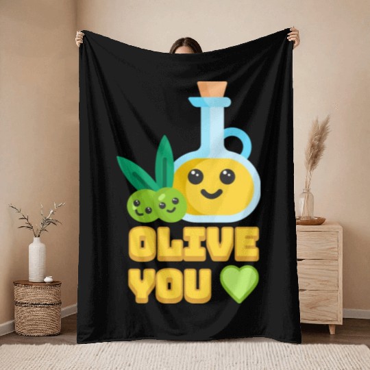 Olive You! Cute Olive I Love You Cartoon Throw Blankets