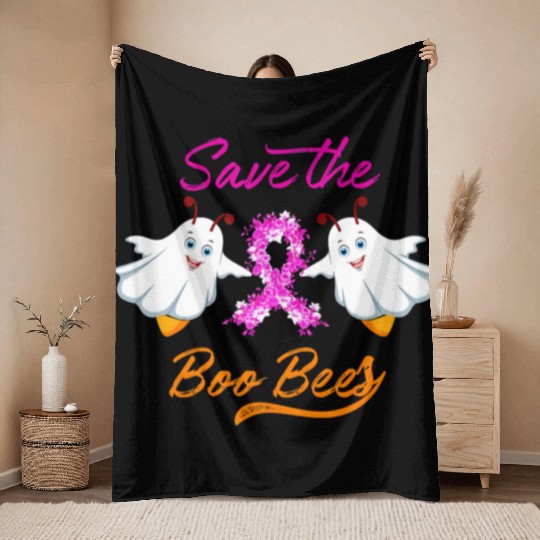 Breast Cancer Halloween Save The Boo Bees Throw Blankets
