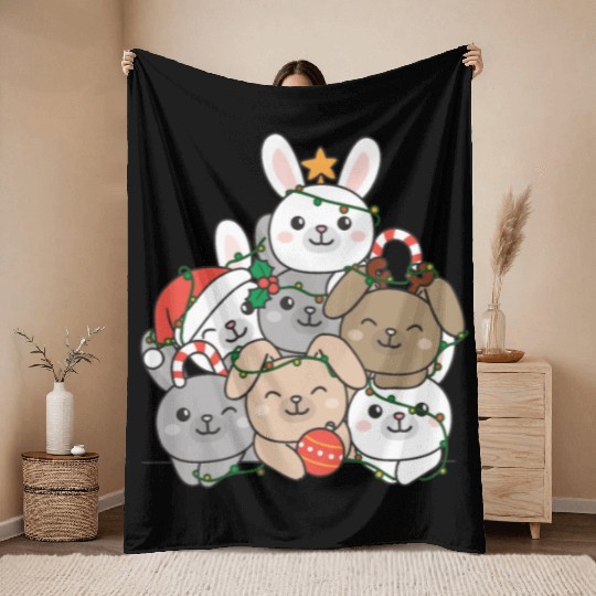 Bunny Christmas Tree Funny Animal Christmas Throw Blankets