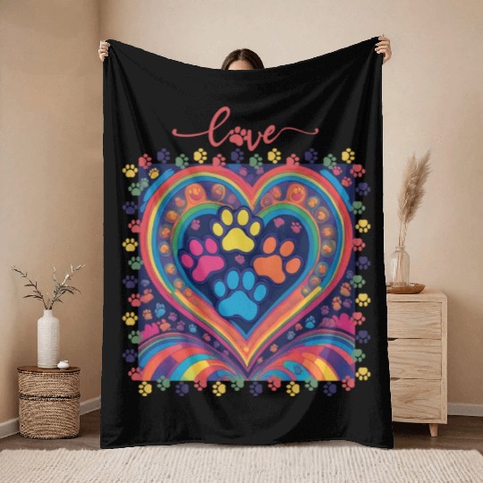 Rainbow Heart Love paw prints Throw Blankets