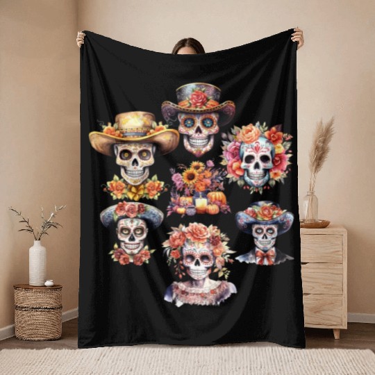 Vintage Mexican Day of the Dead Art Sugar Skulls Throw Blankets