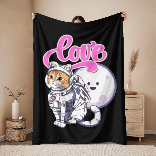 Astronaut Cat Love The Moon Throw Blankets