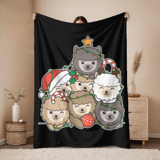Alpaca Christmas Tree Funny Animal Christmas Throw Blankets