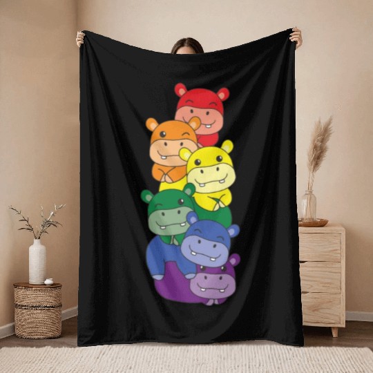 Rainbow Flag Pride Lgbtq Cute Hippo Stack Throw Blankets