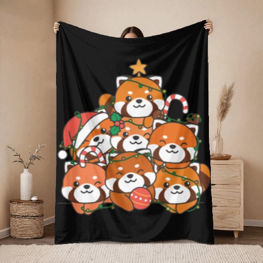 Red Panda Christmas Tree Funny Animal Throw Blankets