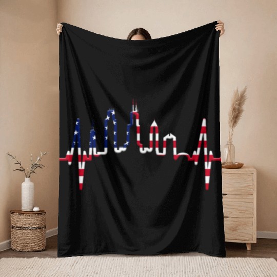 Chicago Skyline Heartbeat USA Heart I Love Chicago Throw Blankets