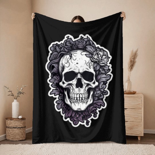 Scary Skull With Flowers Throw Blankets