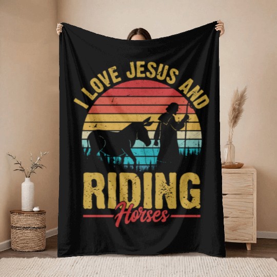 I Love Jesus And Riding Horses Riding Woman Horseb Throw Blankets