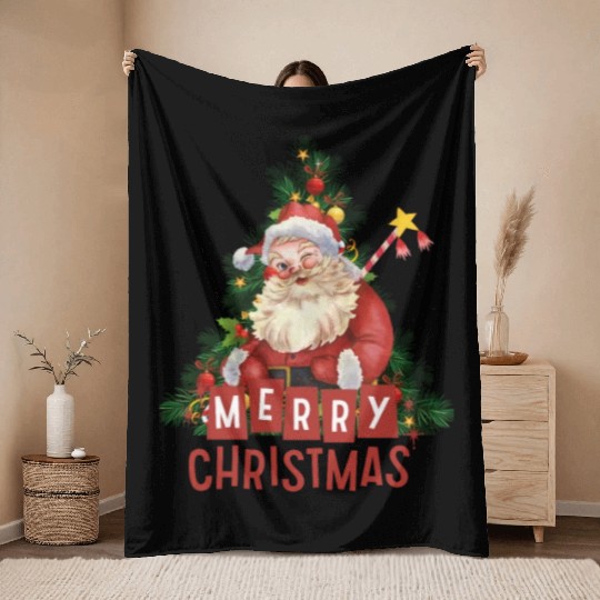 A Jolly Red Santa and a Sparkling Christmas Tree Throw Blankets