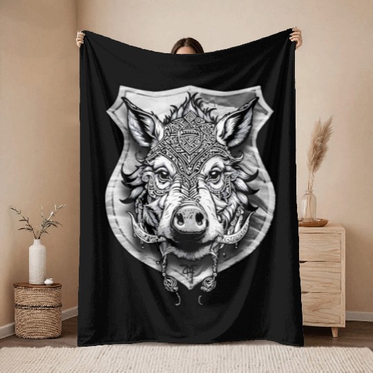 shield with wild boar head - DIGITAL - grayscale Throw Blankets