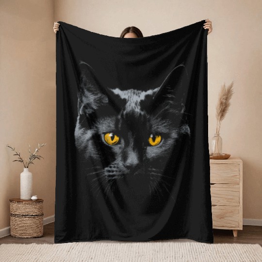Black Cat Face Yellow Eyes Cat Halloween Costume B Throw Blankets